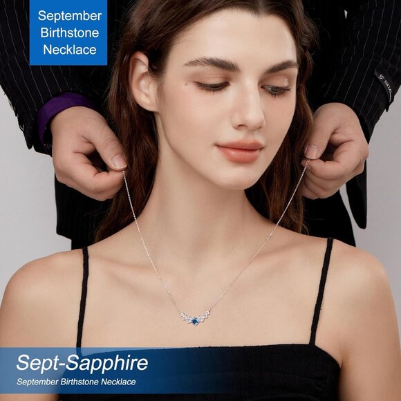 Women's Moissanite Birthstone Pendant Sterling Silver Gold Plating Blue Necklace - Picture 5 of 6